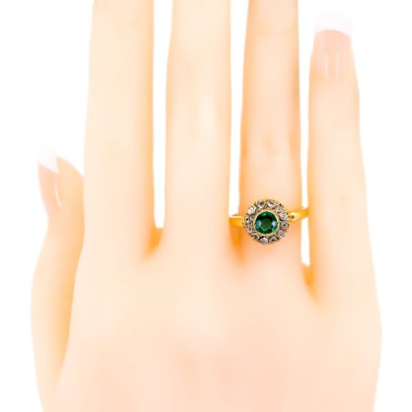 Vintage Emerald and Old Mine Cut Diamond Cluster Ring 