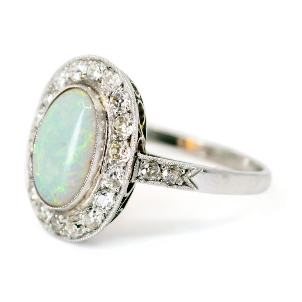 Vintage Oval Opal Diamond Cluster Platinum Ring