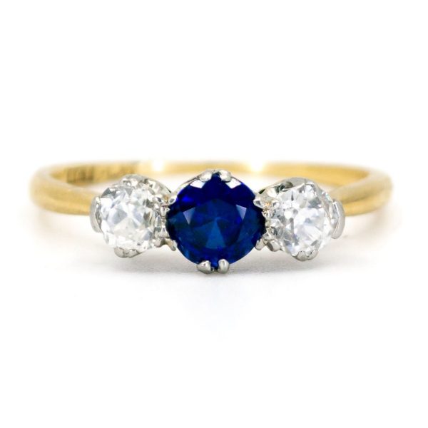 Vintage Sapphire Diamond Three Stone Gold Ring