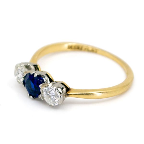 Vintage Sapphire Diamond Three Stone Gold Ring