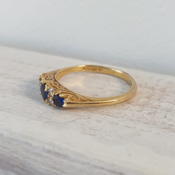 Vintage Sapphire and Old Cut Diamond Carved Half Hoop 18ct Gold Ring