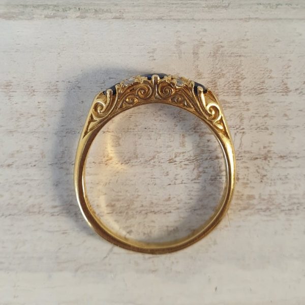 Vintage Sapphire and Old Cut Diamond Carved Half Hoop 18ct Gold Ring