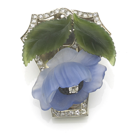 Antique Art Deco Diamond Set Carved Flower Clip Brooch
