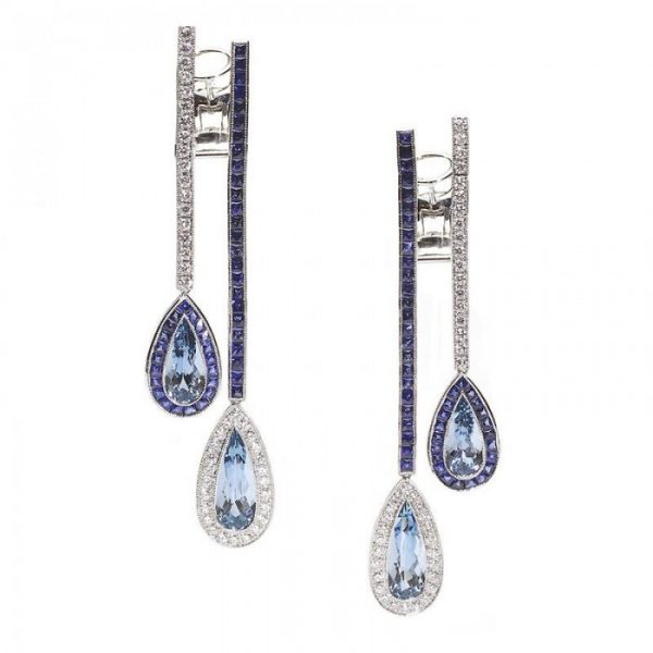 Aquamarine Sapphire Diamond Double Drop Earrings