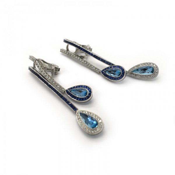 Aquamarine Sapphire Diamond Double Drop Earrings