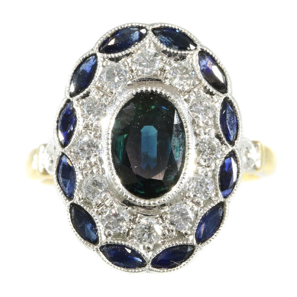 Art Deco Style Sapphire Diamond Cluster Gold Ring