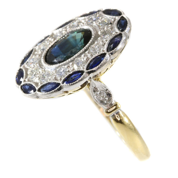 Art Deco Style Sapphire Diamond Cluster Gold Ring