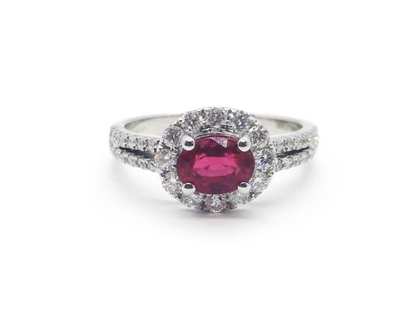 Oval Shape 1.18 Carats Ruby and Diamond Engagement Cluster Ring, 18ct white gold halo diamond shoulders