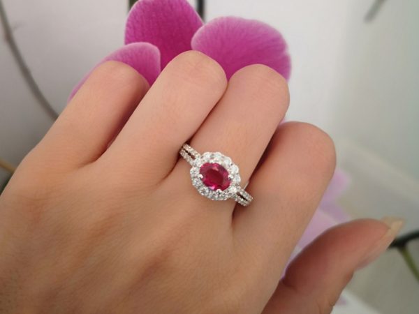 oval round Ruby and diamond Engagement cluster ring, 1.18 carats halo white gold