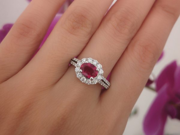 Oval shape Ruby and diamond Engagement cluster ring, 1.18 carats halo 18ct