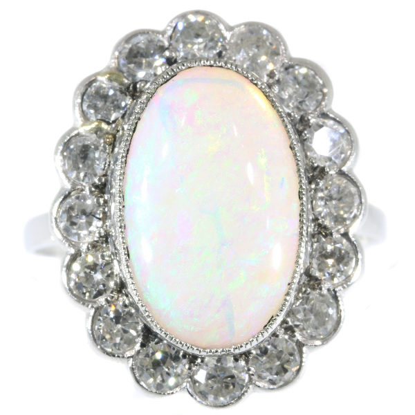Vintage Opal Old Mine Brilliant Diamond Platinum Ring