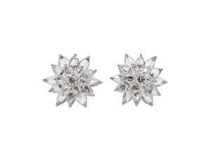 Fine Pair of Pear Shape Diamond Cluster Flower Stud Earrings