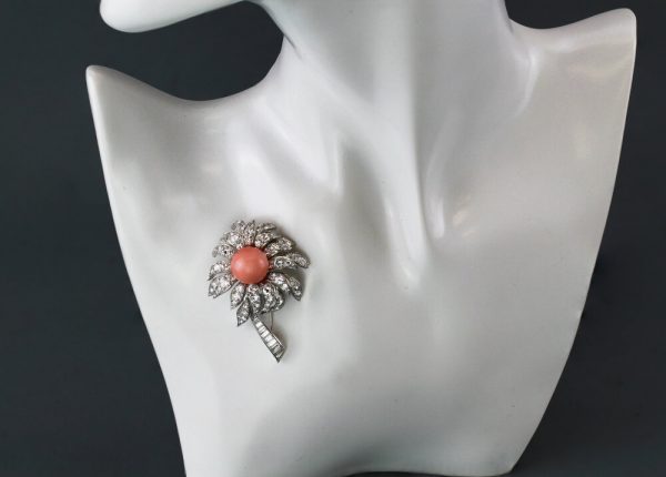 Vintage Boucheron 18ct White Gold Coral and Diamond Flower Brooch