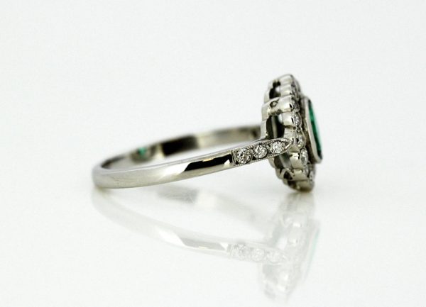 Vintage Oval Cut Emerald and Diamond Cluster Ring, 18ct White Gold