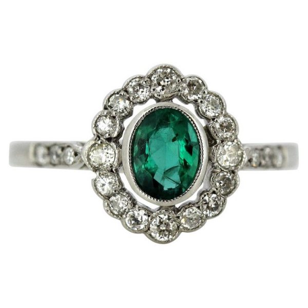 Vintage Oval Cut Emerald and Diamond Cluster Ring, 18ct White Gold