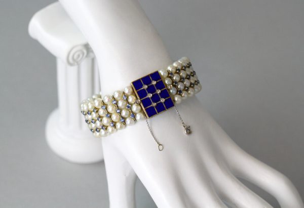 Antique Art Deco Freshwater Pearl, Aquamarine, Enamel and Diamond Bangle
