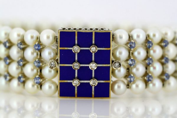 Antique Art Deco Freshwater Pearl, Aquamarine, Enamel and Diamond Bangle