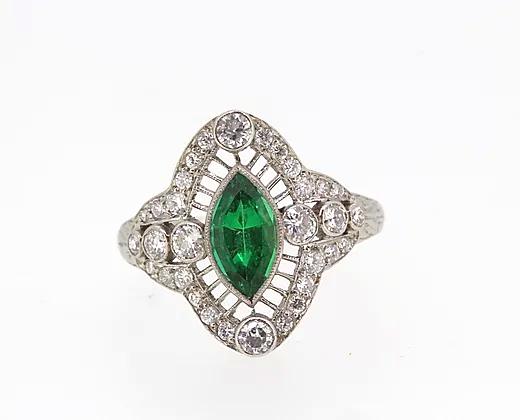 Art Deco Colombian Emerald and Diamond Navette Ring