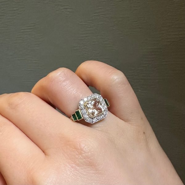 Golden Sapphire, Emerald & Diamond Cluster Ring