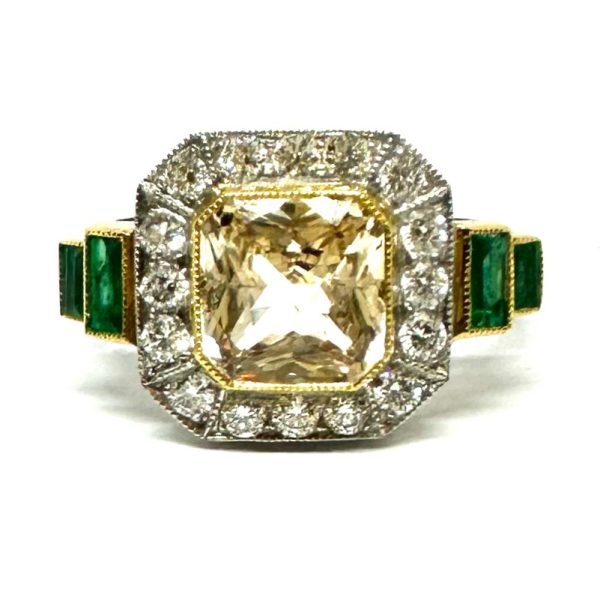 Golden Sapphire, Emerald & Diamond Cluster Ring
