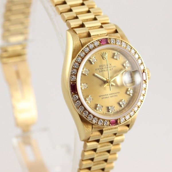 Rolex Datejust 18ct Gold Diamond Ruby Bezel Ladies Watch