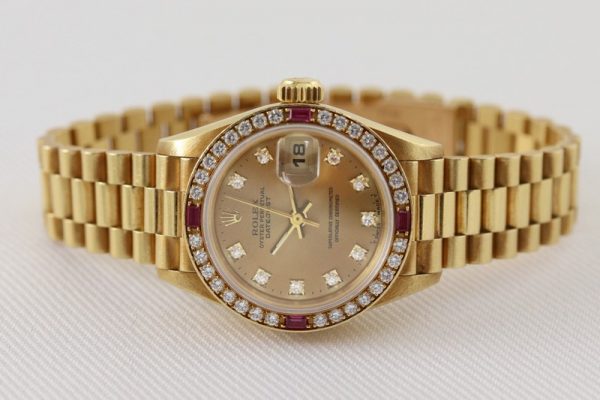 Rolex Datejust 18ct Gold Diamond Ruby Bezel Ladies Watch