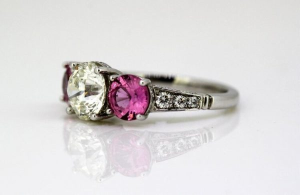 Pink Sapphire and Diamond Three Stone Ring, Platinum