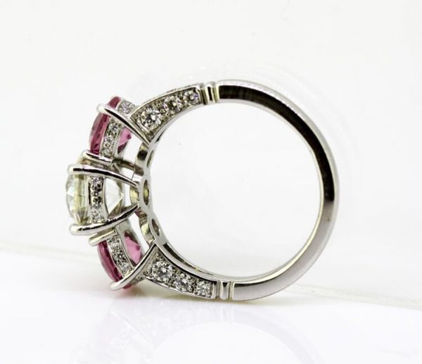 Pink Sapphire and Diamond Three Stone Ring, Platinum