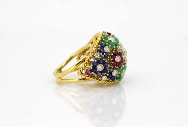 Vintage Gem Set Floral Dome Cluster Ring in 18ct Yellow Gold