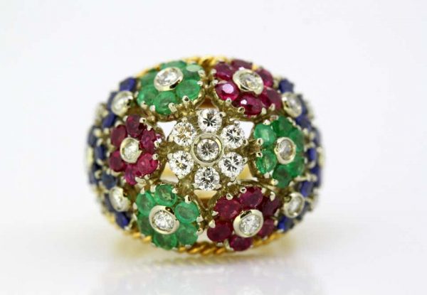 Vintage Gem Set Floral Dome Cluster Ring in 18ct Yellow Gold