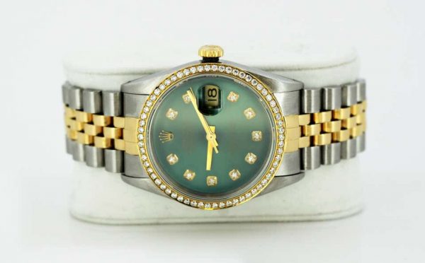 Vintage Rolex DateJust Green Dial and Diamond Set Two-Tone Wristwatch 16233