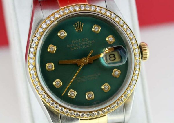 Vintage Rolex DateJust Green Dial and Diamond Set Two-Tone Wristwatch 16233