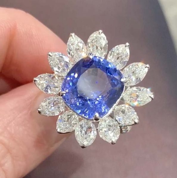 Natural Sapphire and Diamond Cluster Ring, 14.32cts, GRS Certificate