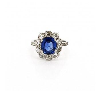 Vintage Ceylon Sapphire, Diamond and Platinum Cluster Ring, Circa 1930