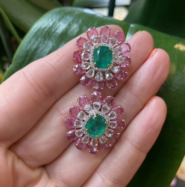 Emerald, Diamond and Pink Sapphire Cluster Earrings, 13.48 carat total