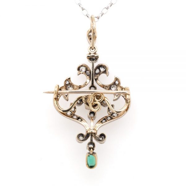 Antique Edwardian Emerald and Diamond Pendant come Brooch