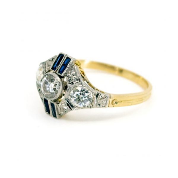 Art Deco Old-Cut 0.80ct Diamond and Sapphire Ring in 18ct Gold