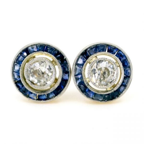 Diamond and Sapphire Cluster Stud Earrings, 0.40 carats