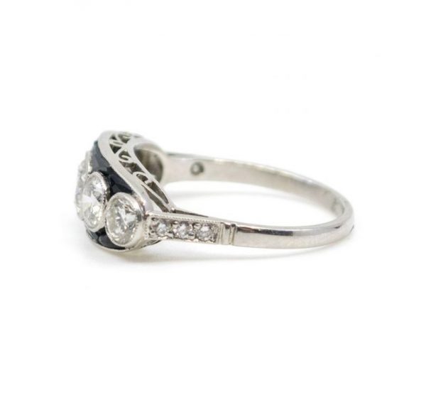 Vintage Diamond, Onyx and Platinum Five-Stone Ring, 1.25 carat total