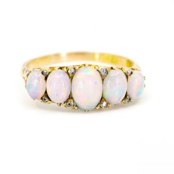 Antique Victorian Opal and Diamond Five-Stone Ring, Circa 1900