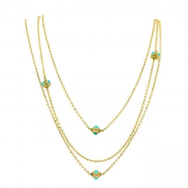 Antique Victorian Turquoise and Gold Necklace; A stunning necklace featuring Turquoises, crafted in 9ct yellow gold. Design Era: Late Victorian (1885-1900).