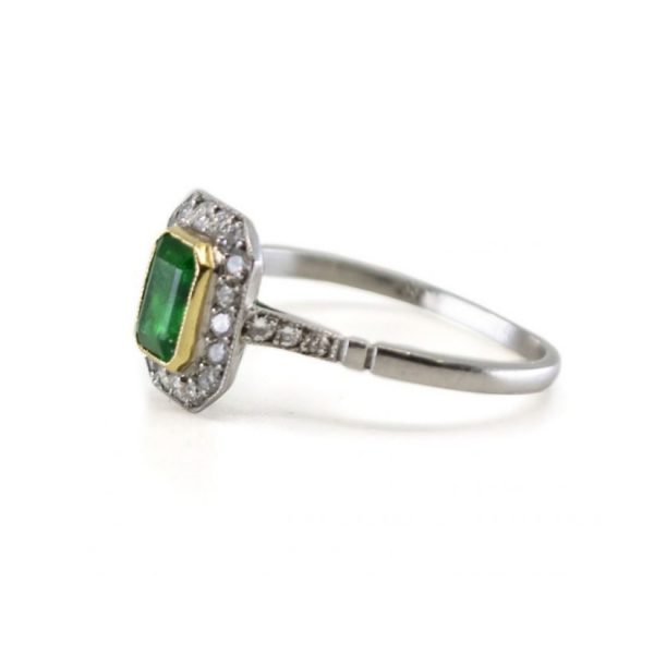 Vintage Emerald, Diamond and Platinum Cluster Ring, 0.85 carats