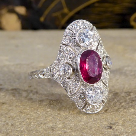 Art Deco Style Ruby and Diamond Navette Plaque Ring, 1.50cts, Platinum