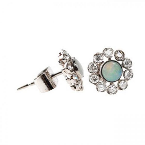 Opal, Diamond and Platinum Flower Cluster Stud Earrings, 1.10 carats