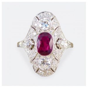 Art Deco Style Ruby and Diamond Navette Plaque Ring, 1.50cts, Platinum