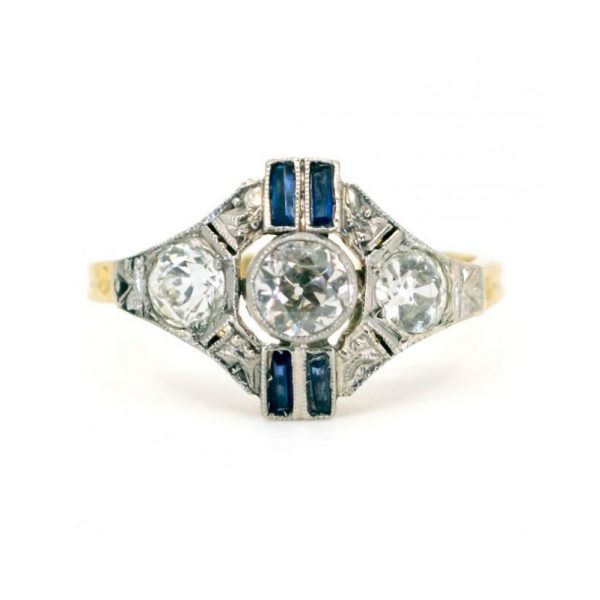 Art Deco Old-Cut 0.80ct Diamond and Sapphire Ring in 18ct Gold