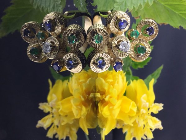 Vintage Abstract Designer Sapphire and Emerald Gold Ring