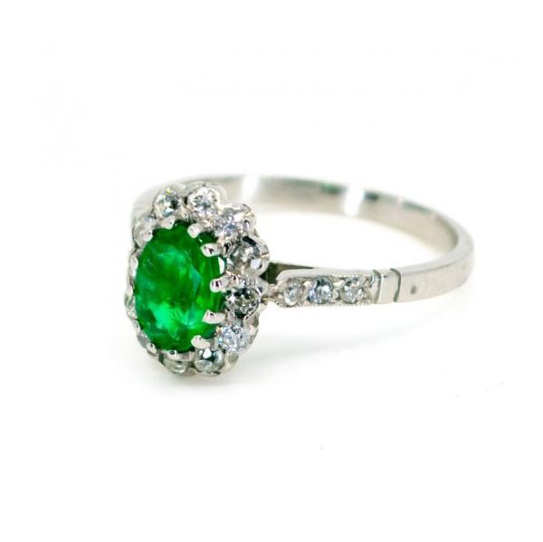 Vintage Emerald and Diamond Cluster Ring, 1.22 carat total, in Platinum