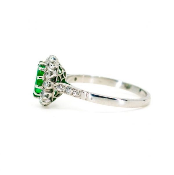 Vintage Emerald and Diamond Cluster Ring, 1.22 carat total, in Platinum