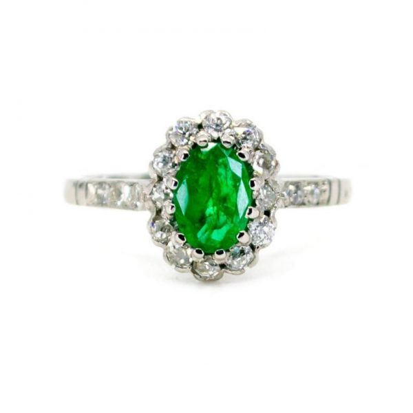 Vintage Emerald and Diamond Cluster Ring, 1.22 carat total, in Platinum